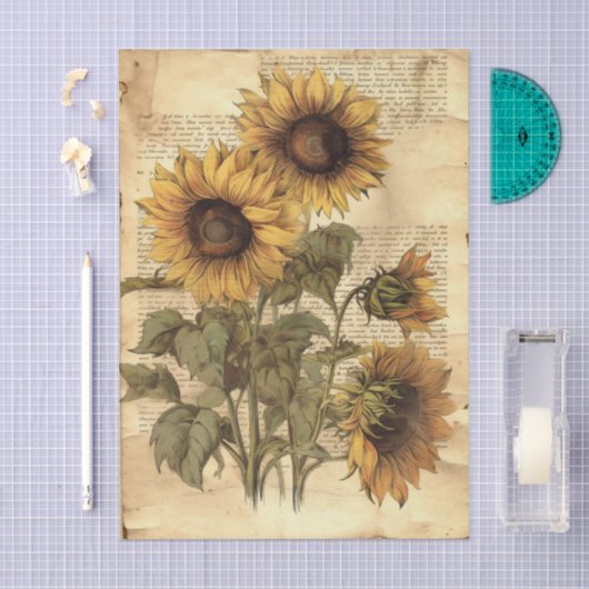 Papier Mousseline Sunflowers on Worn Style Parchment with Script (Artisanat)
