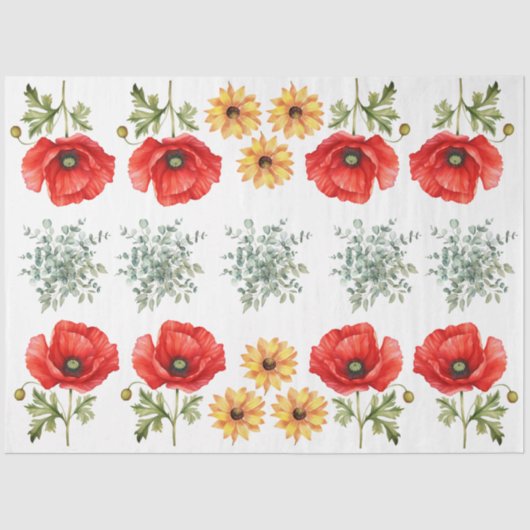 Papier Mousseline Sunflowers, Red Poppies & Eucalyptus Decoupage (Recto)