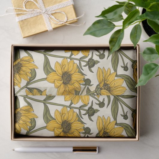 Papier Mousseline Sunroot, tournesol sauvage sur blanc (Cadeau)
