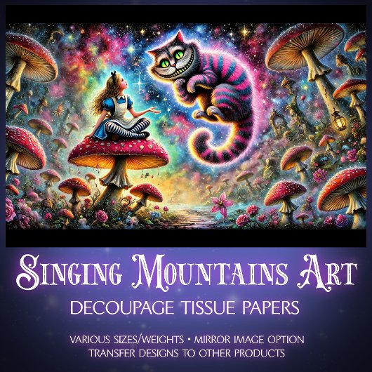 Papier Mousseline Surreal Fantasy Mushrooms Alice and Cat