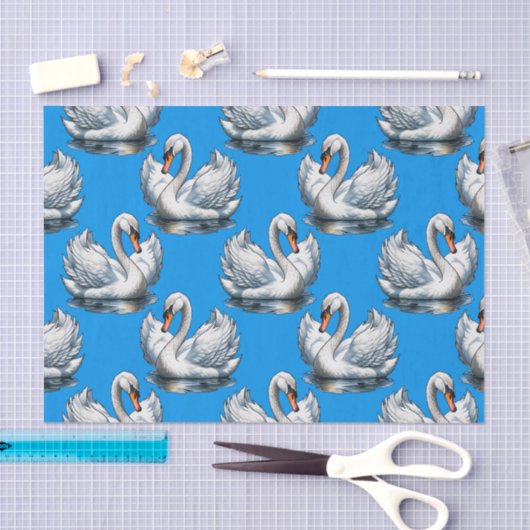 Papier Mousseline Swan Birds Pattern Design On Blue  (Artisanat)