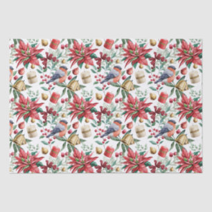 Papier Mousseline Symboles de Noël avec Poinsettia avec Robin Rouge