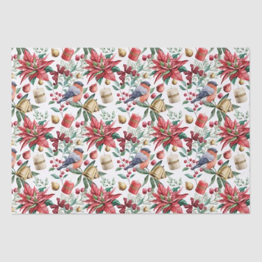 Papier Mousseline Symboles de Noël avec Poinsettia avec Robin Rouge (Recto)