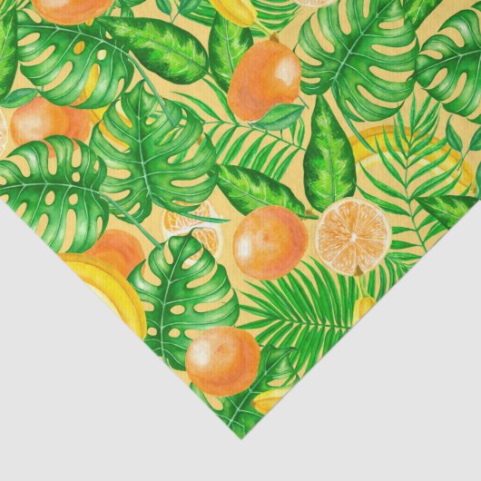 Papier Mousseline Tangerines, bananes et feuilles tropicaux (Détail)