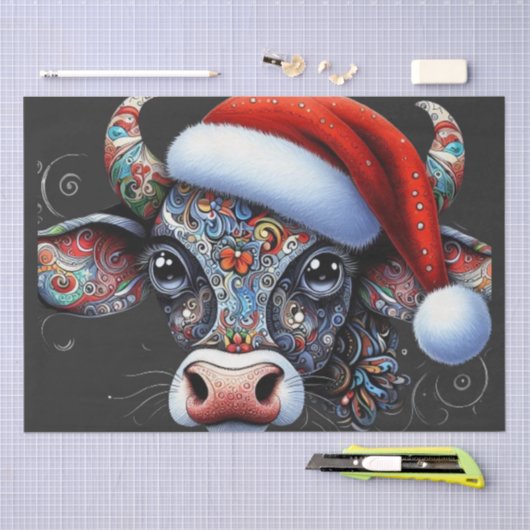 Papier Mousseline Taureau de vache de Noël avec/Santa Hat Folk Décou (Artisanat)
