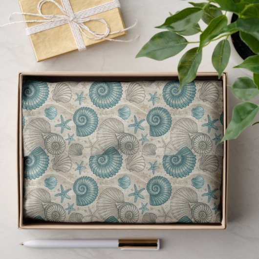 Papier Mousseline Teal & Beige Beach Shells Pattern Decoupage (Cadeau)