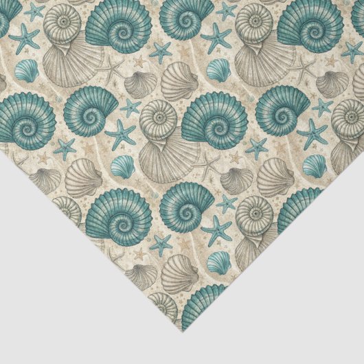 Papier Mousseline Teal & Beige Beach Shells Pattern Decoupage (Détail)