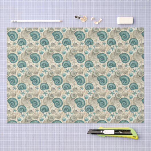 Papier Mousseline Teal & Beige Beach Shells Pattern Decoupage (Artisanat)