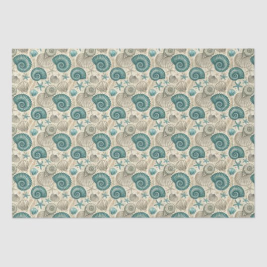 Papier Mousseline Teal & Beige Beach Shells Pattern Decoupage (Recto)