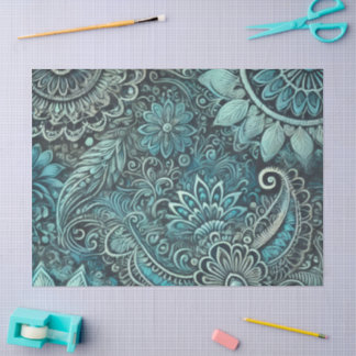 Papier Mousseline Teal Blue Paisley Floral Pattern Decoupage