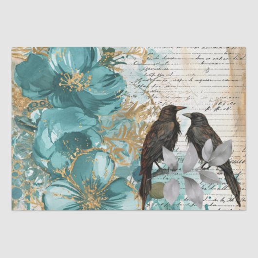 Papier Mousseline Teal & Gold Distressed Floral & Ravens (Recto)