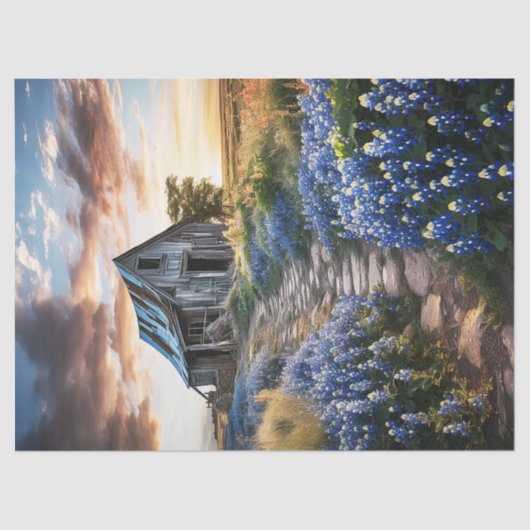 Papier Mousseline Texas Bluebonnets et Old Barn Decoupage (Recto)