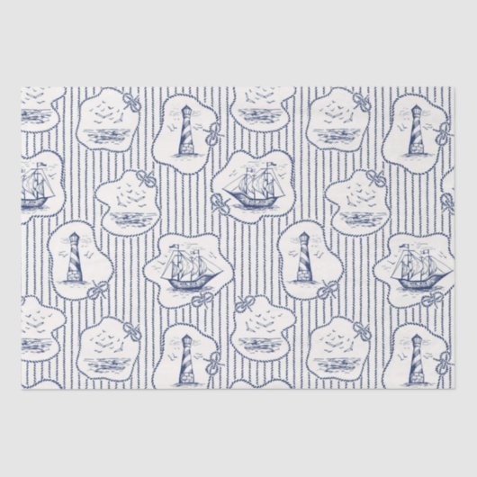 Papier Mousseline Thème marin Bleu Bleu Blancs Phare (Recto)