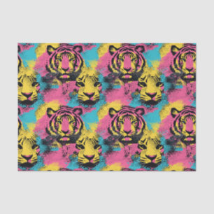 Papier Mousseline Tiger Pop Art Motif en rose, jaune et bleu