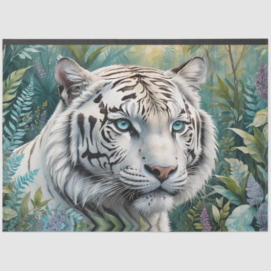 Papier Mousseline Tigre blanc dans une jungle bleue verte (Recto)