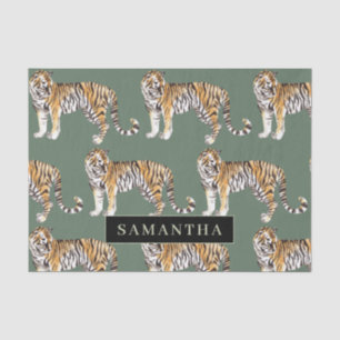 Papier Mousseline Tigres d'aquarelle verte tropicale Motif avec nom