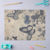 Papier Mousseline Timbre rose monochrome rétro papillon floral (Artisanat)