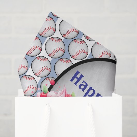 Papier Mousseline Tissue Paper Blue Baseball Happy Birthday (Sac cadeau)