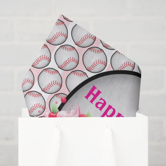 Papier Mousseline Tissue Paper Pink Baseball Happy Birthday (Sac cadeau)