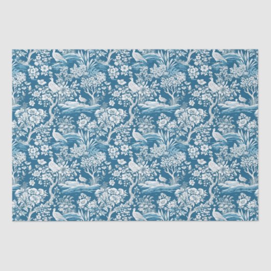 Papier Mousseline Toile bleue de Jouy d'inspiration florale (Recto)