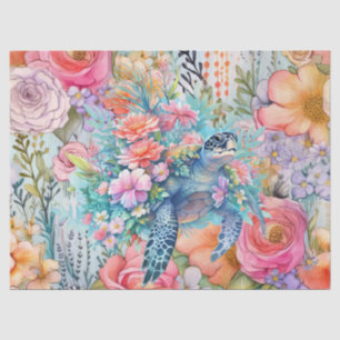 Papier Mousseline Tortue de mer florale et fleurs roses