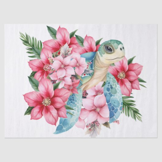 Papier Mousseline Tortue de mer Whimsical et fleurs roses (Recto)
