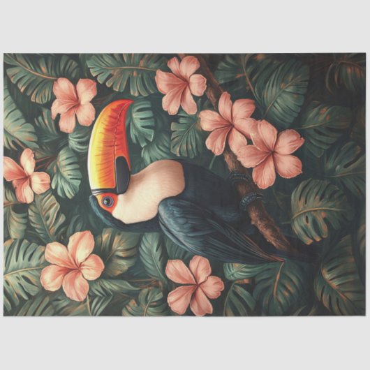 Papier Mousseline Toucan Fleurs roses tropicales Peinture Découpage (Recto)