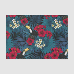 Papier Mousseline Toucans et flore tropicale, verte et rouge