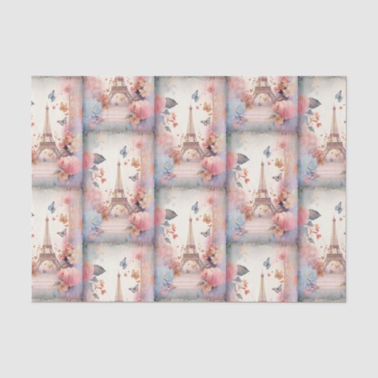 Papier Mousseline Tour Eiffel Papillon et Fleurs Motif (Recto)