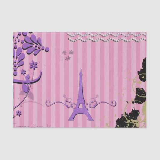 Papier Mousseline Tour Eiffel, Paris, Fleurs, Rayures, Rose (Recto)