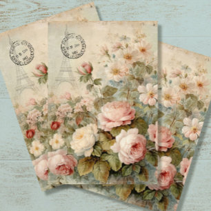 Papier Mousseline Tour Eiffel Vintage Floral rose Découpage