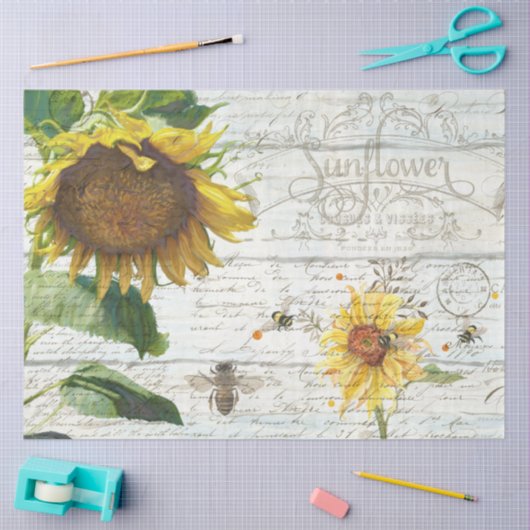 Papier Mousseline Tournesol avec abeilles Script Ephemera rustique D (Artisanat)
