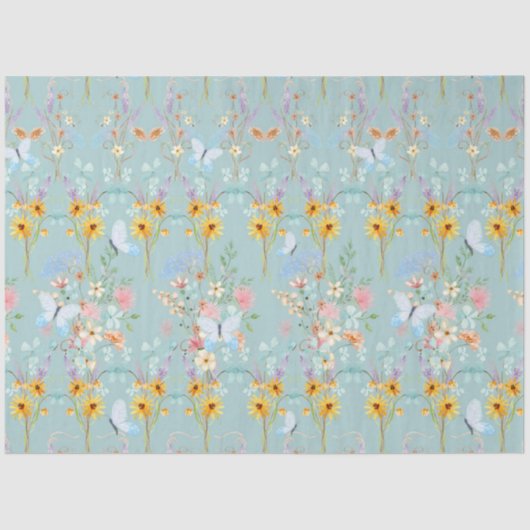 Papier Mousseline Tournesol Floral Bleu Jaune Découpage Papillon (Recto)