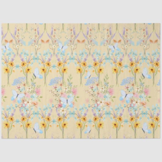 Papier Mousseline Tournesol Jaune Floral Bleu Papillon Découpage (Recto)