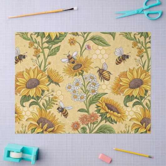 Papier Mousseline Tournesols et Abeilles  (Artisanat)