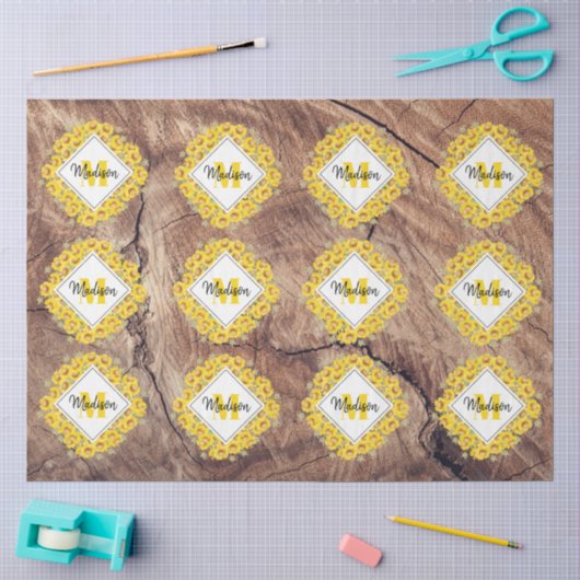 Papier Mousseline Tournesols rustiques et monogramme sur texture de (Artisanat)