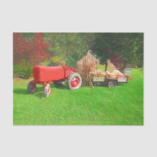 Papier Mousseline Tracteur agricole Red Green Pays Automne Citrouill (Recto)