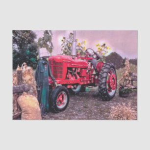 Papier Mousseline Tracteur agricole rouge vintage rustique récolte d