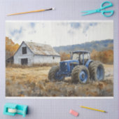 Papier Mousseline Tracteur bleu rustique Aquarelle à grange blanche (Artisanat)