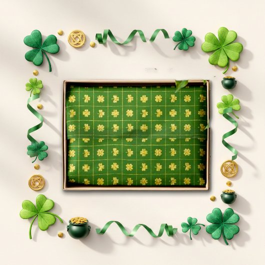 Papier Mousseline Trèfle doré quadrillé vert St-Patrick