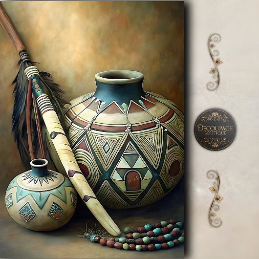 Papier Mousseline Tribal Pottery & Feather Staff Decoupage