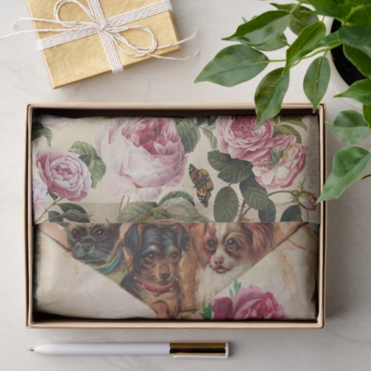PAPIER MOUSSELINE TROIS DOGGIES AVEC MONOGRAM ROSE (Cadeau)