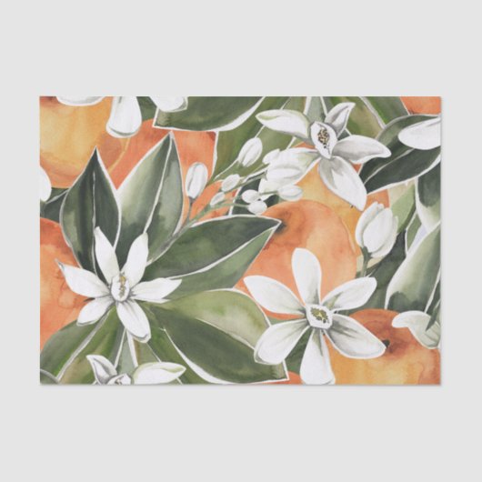 Papier Mousseline Tropcal Orange & Flowers Watercolor Pattern (Recto)