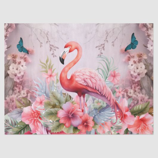 Papier Mousseline Tropical Cherry Blossom & Flamants roses roses Déc (Recto)
