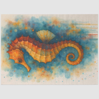Papier Mousseline Tropical Orange Seahorse Watercolor Ocean Nautical