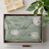 Papier Mousseline Tulipes Avec Feuilles Sur Vert Sage Clair (Cadeau)