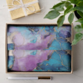 Papier Mousseline Turquoise Aqua violet marbre or (Cadeau)