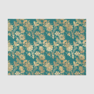 Papier Mousseline Turquoise et or Foil Floral Damask