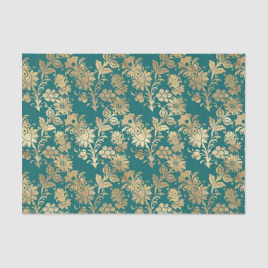 Papier Mousseline Turquoise et or Foil Floral Damask (Recto)