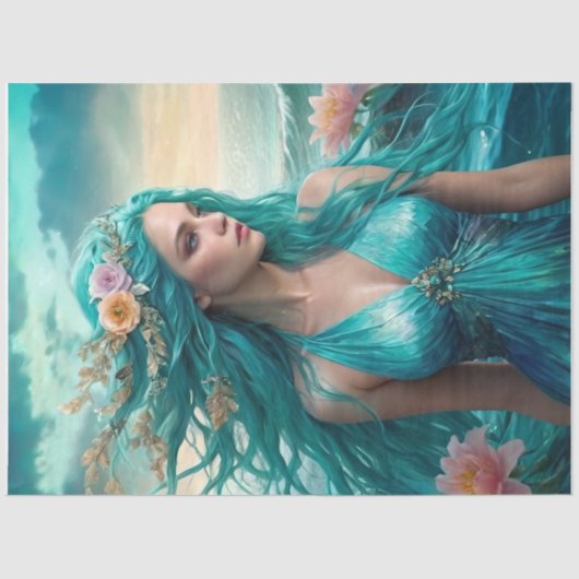 Papier Mousseline Turquoise Mermaid of the Sea decoupage paper v1 (Recto)